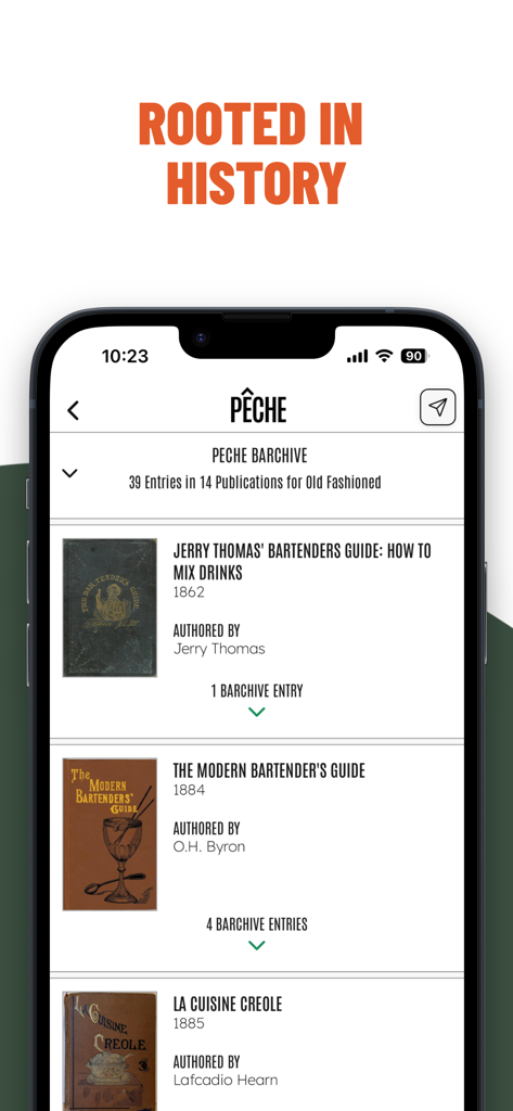 Bildschirm einer mobilen App, der ein digitales Archiv historischer Barkeeper-Anleitungen und Cocktailrezepte zeigt