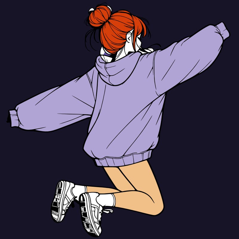 realistic girl jumping with a bun and oversized sweatshirt