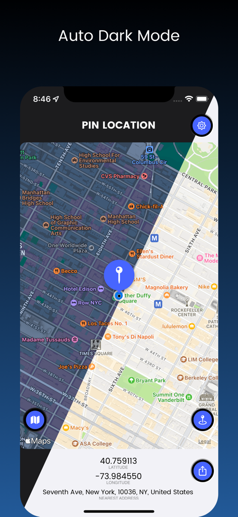 Aplicación myLocation mostrando coordenadas GPS y la función de modo oscuro automático en un mapa