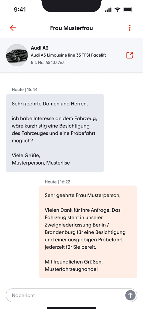 mobile.de - Dialog - Chat interface showing a professional automotive sales conversation about an Audi A3
