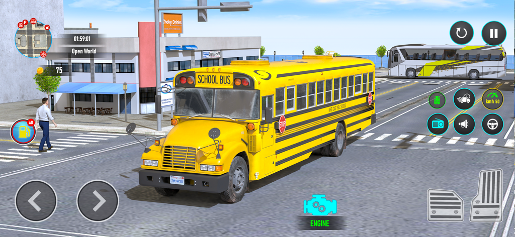 City Bus Simulator Road Trip - A yellow school bus parked on a city street in a driving simulator game