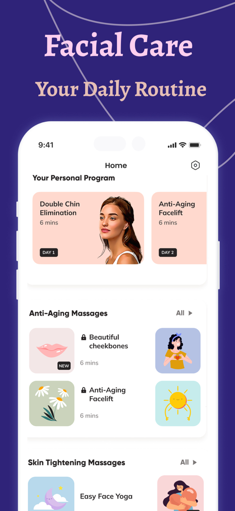 The home screen of the FaceLift app showing daily facial care routines and anti-aging exercise programs.