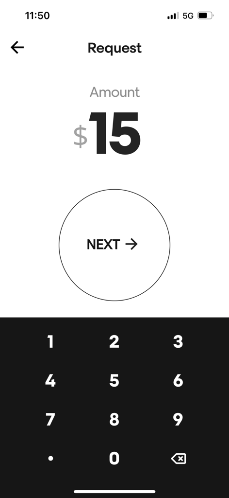 Payy app interface showing a payment request for 15 dollars with a numeric keypad.