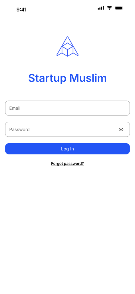 Login screen of the Startup Muslim mobile app showing email and password fields