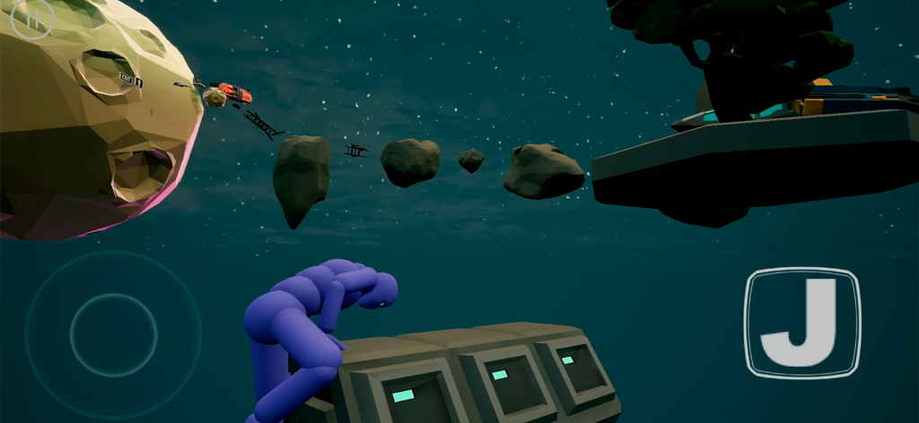 Ragdoll 3D - Parkour Adventure - Blue ragdoll character climbing on a structure in a space themed parkour level with asteroids