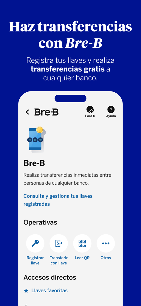 BBVA Colombia | Banca Móvil - Écran de l'application bancaire mobile BBVA Colombie présentant la fonctionnalité Bre-B pour des transferts bancaires gratuits et immédiats.