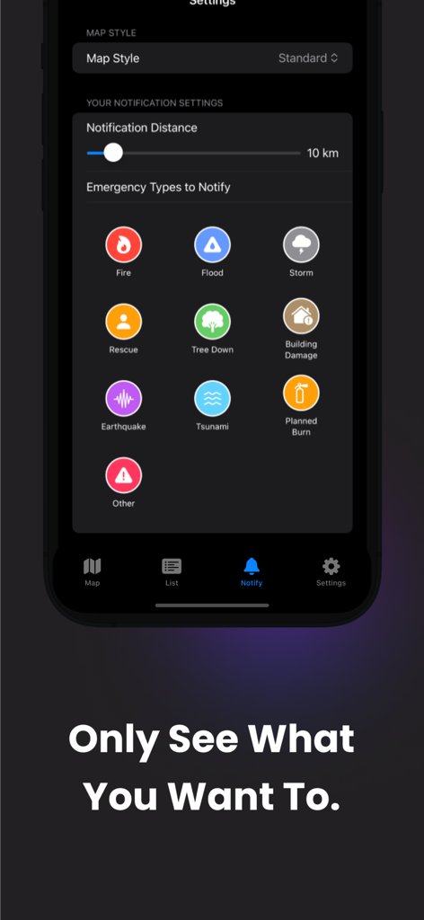 NSW Emergency: Incident Alerts - Pantalla de configuración de notificaciones personalizable en la aplicación NSW Emergency que muestra filtros para incendios, inundaciones, tormentas y otros incidentes con un control deslizante de radio.