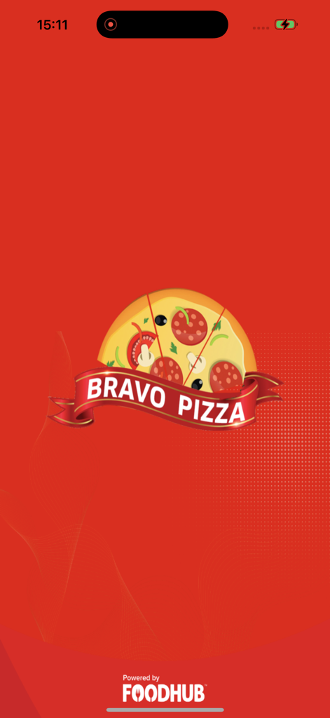 Bravo Pizza Newbigginbythesea - Splash screen of the Bravo Pizza mobile app featuring the logo and a pizza graphic on a red background.