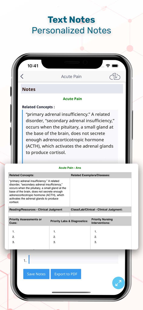 iPhone screen displaying personalized medical notes and a clinical judgment worksheet within the Skyscape Medical Library app