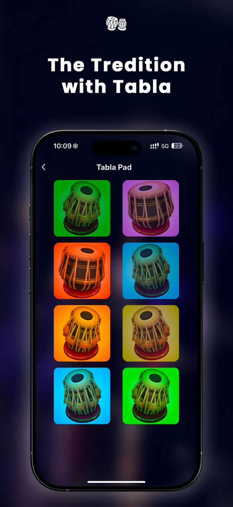 Drum Pads Electronic Drums - A smartphone screen displaying the Tabla Pad feature in the Drum Pads Electronic Drums app with eight colorful percussion buttons.