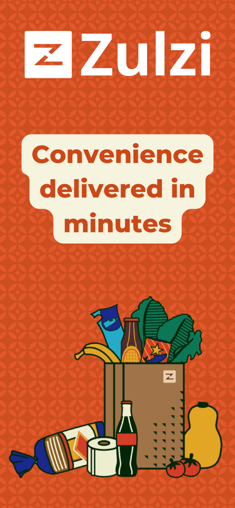 Zulzi - Zulzi app splash screen featuring the slogan Convenience delivered in minutes and an illustration of a grocery bag with fresh food and household items