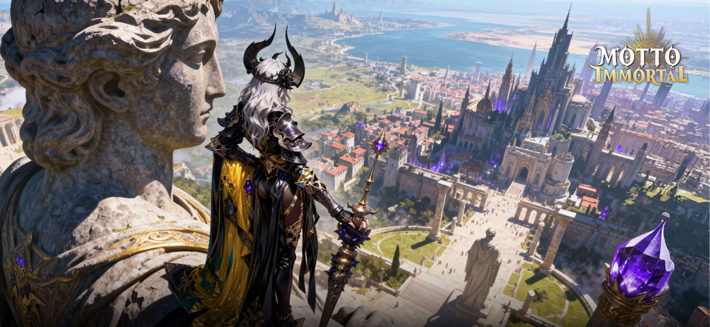 Eine Göttin in verzierter Rüstung blickt über eine weitläufige Fantasy-Stadt und eine majestätische Burg in Motto Immortal