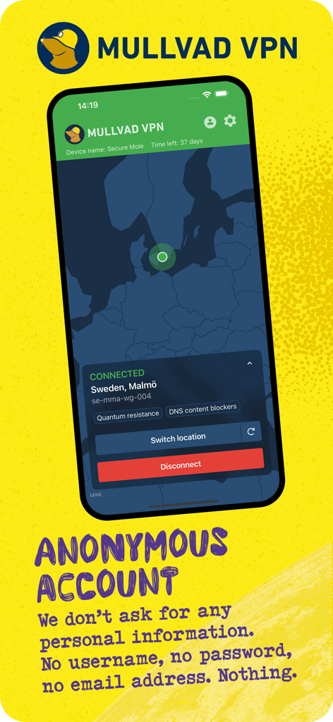 Mullvad VPN App-Oberfläche auf einem Smartphone-Bildschirm, die die anonyme Konto-Funktion hervorhebt, bei der keine persönlichen Informationen erforderlich sind.