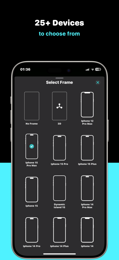 StoreView: App Screenshot Tool - Interfaz que muestra múltiples opciones de marcos de dispositivos iPhone para capturas de pantalla de apps en StoreView