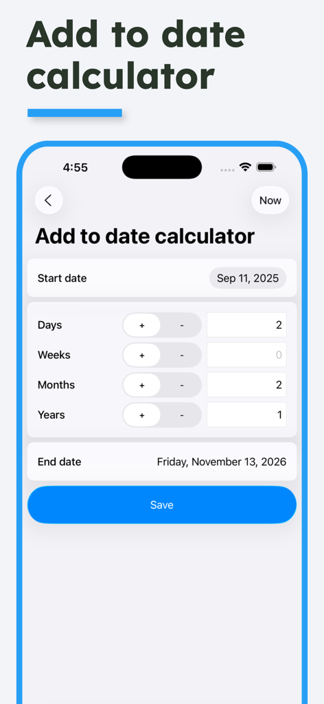 Time Calculator - Work Hours - 時間計算アプリ内の日付追加計算機能のインターフェース。開始日と期間の入力を表示しています。