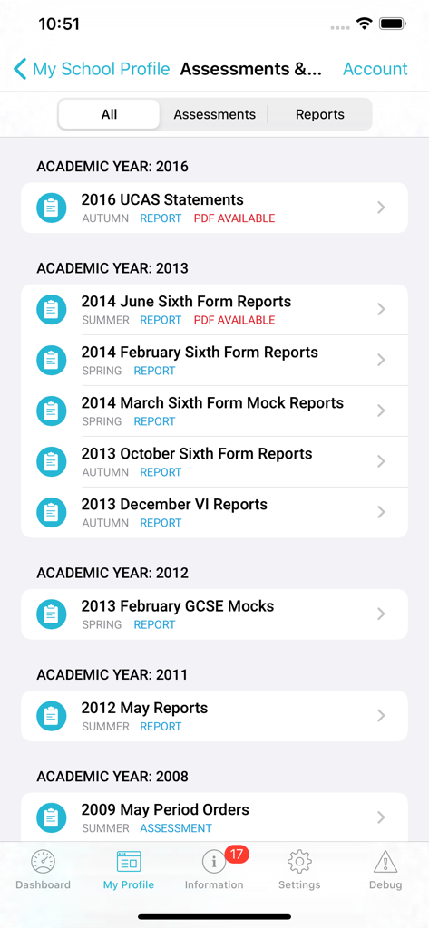 iStudent App - iStudent 앱에서 연도별로 정리된 학생 학업 보고서 및 평가 목록입니다.
