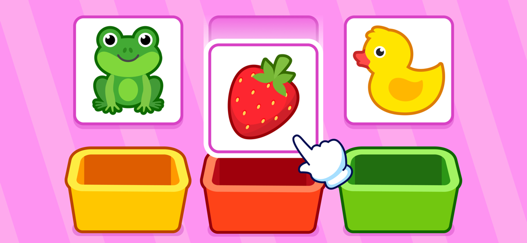 幼児向け教育ゲームのインターフェース。手でイチゴのカードを色分けのために対応する赤い箱にドラッグしている様子。