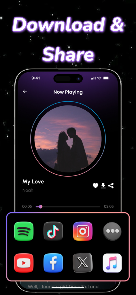 AI Song Generator ~ AI Music - Mobile app interface for AI music generator showing options to download and share songs on social media platforms