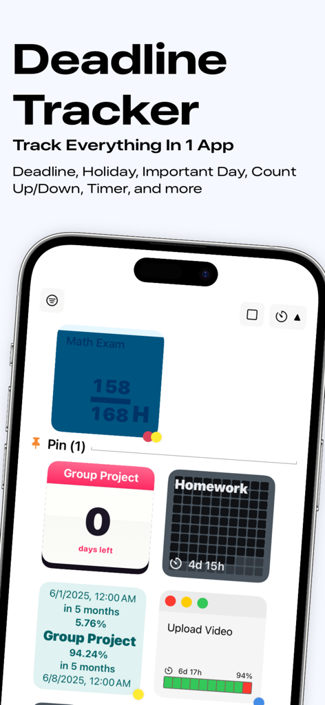 Deadline Tracker - Deadline Tracker app interface displaying task countdowns and project deadlines on an iPhone.