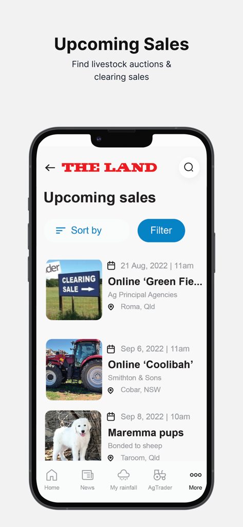 The Land app interface displaying a list of upcoming livestock auctions and agricultural equipment sales.