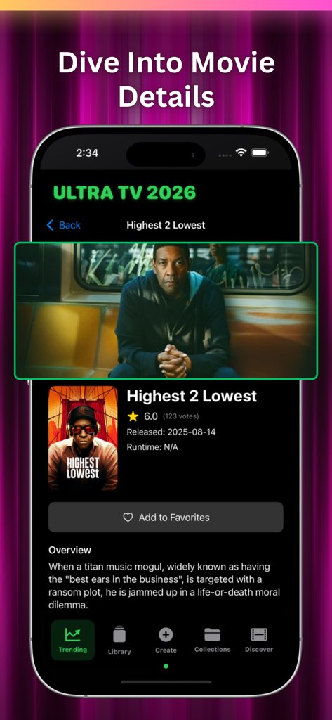 Ultra TV 2026 - Ultra TV 2026 앱의 영화 상세 정보 페이지에 영화 개요와 즐겨찾기 옵션이 표시됩니다.