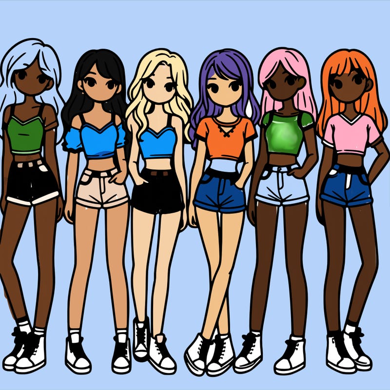 a group of girls wearing crop tops and shorts