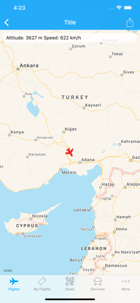 Sabiha Gökçen - Live-Kartenansicht in der Sabiha Gökçen App, die die aktuelle Position eines Flugzeugs über der Türkei mit Höhen- und Geschwindigkeitsdaten anzeigt.