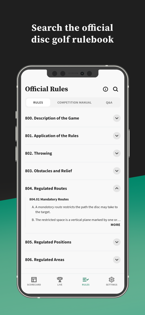 Interface of the PDGA Live mobile app showing the searchable official rules of disc golf