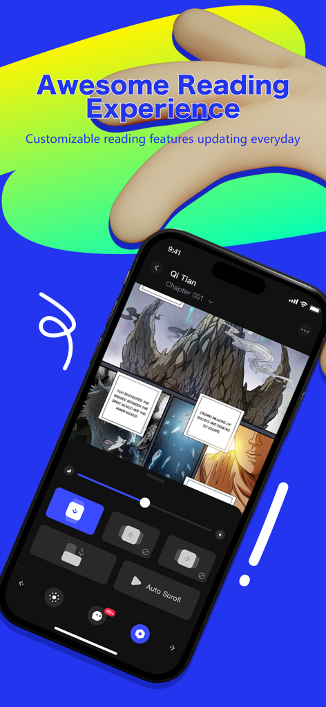 A smartphone displaying the Manga Mango app reader interface with various customizable settings like auto scroll and brightness over a manga page.