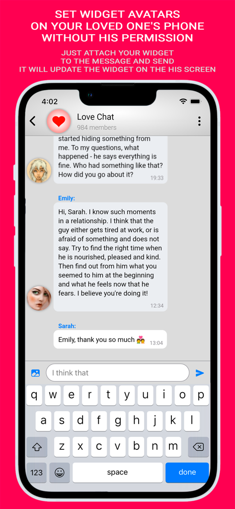 Love - My Relationship Counter - Captura de pantalla de la función de chat de Love en la aplicación Love Relationship Counter que muestra una interfaz de mensajería con consejos de relación y miembros del grupo.
