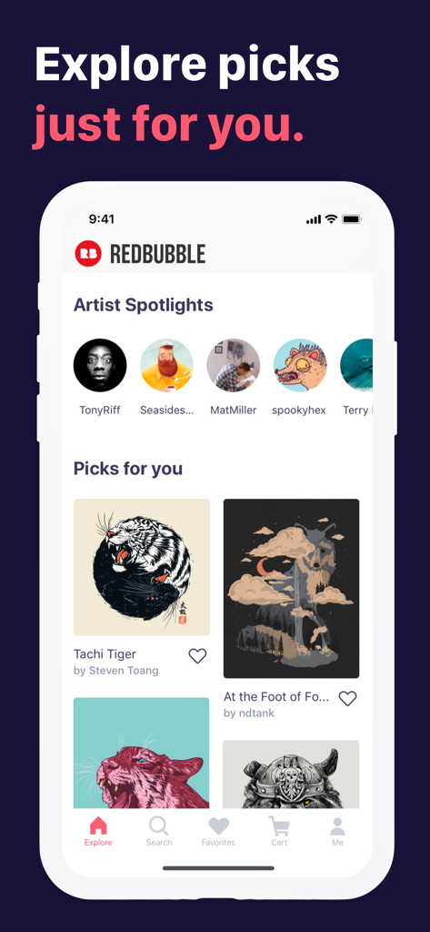 Interface de l'application mobile Redbubble montrant des recommandations d'art personnalisées et des mises en avant d'artistes