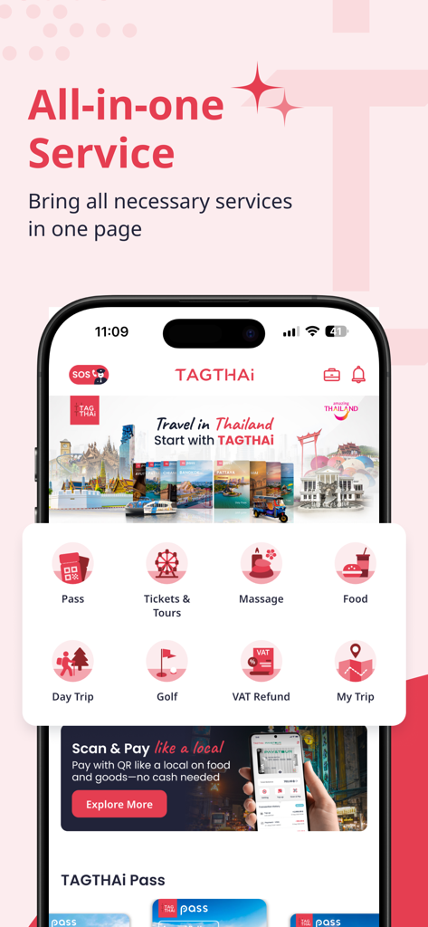 TAGTHAi app home screen displaying all-in-one travel services including passes tours food and VAT refund