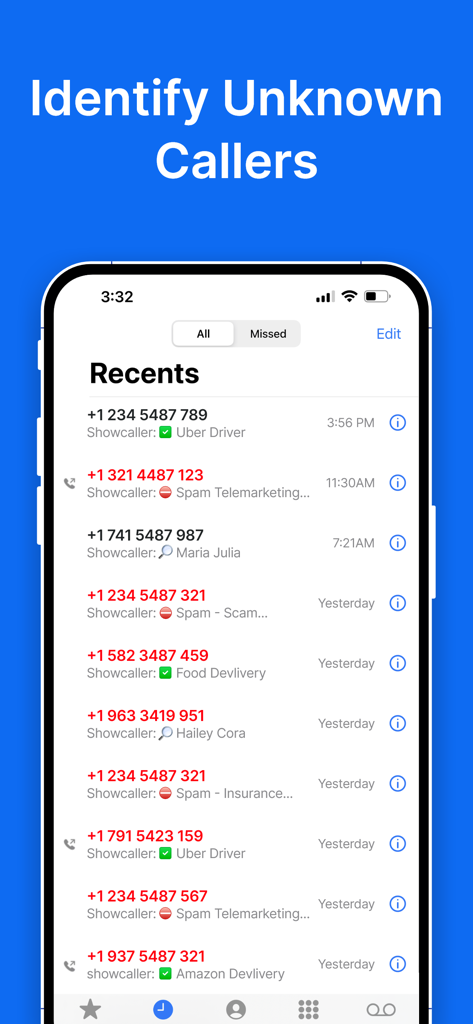 Show Caller Name & Block Spam - Mobile app interface identifying unknown phone numbers and labeling spam calls