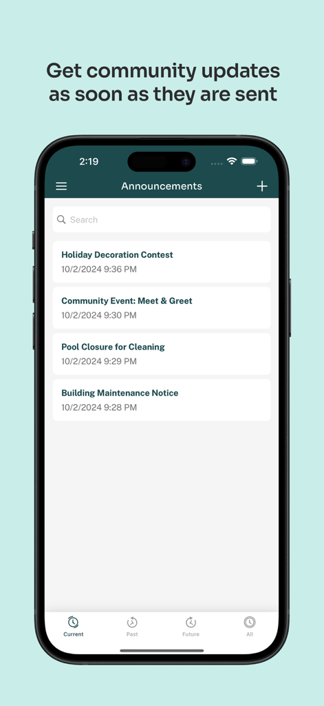 Condo Control App announcements screen showing community updates like building maintenance and events on a smartphone.