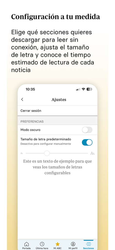 Diario ABC de Sevilla - Schermata di configurazione nell'app Diario ABC de Sevilla che mostra la regolazione delle dimensioni dei caratteri e le preferenze