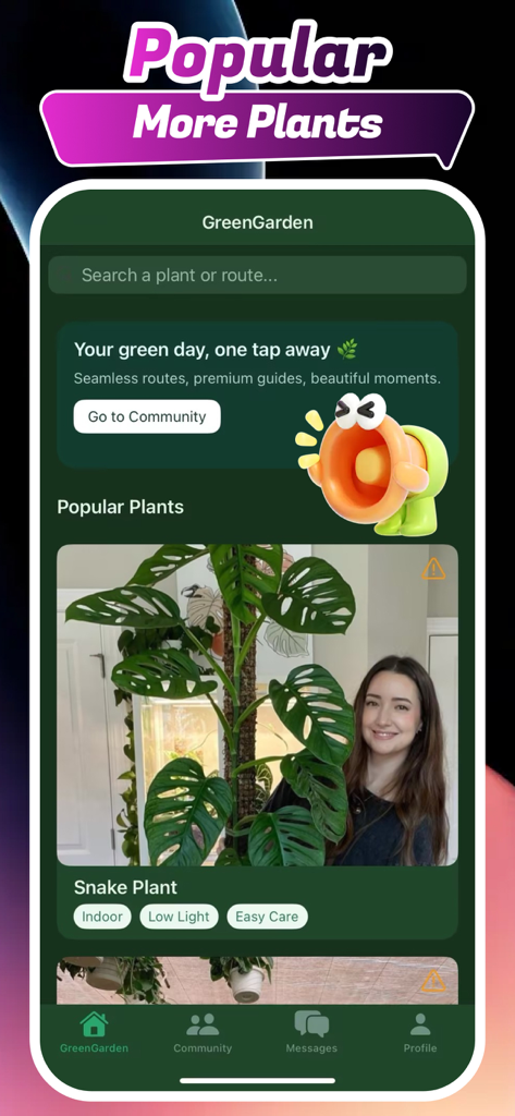Zoen: Online Chat Friends - Zoenアプリのインターフェースで、人気の植物カードとコミュニティ機能が表示された植物発見フィードを表示しています。