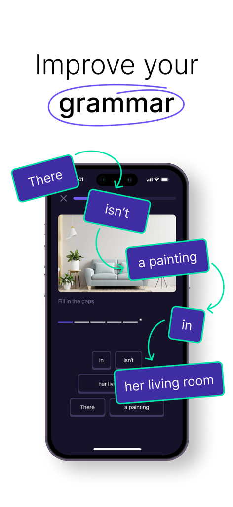 LANG: Learn New Languages - Leçon de grammaire de l'application LANG montrant un exercice de complétion de phrases sur un écran d'iPhone.