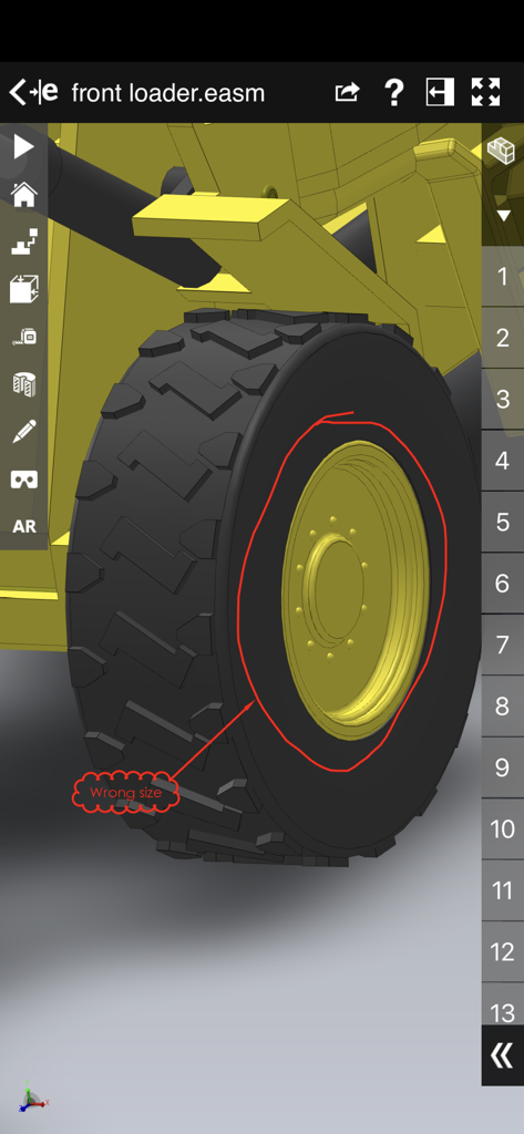 3D-CAD-Modell eines Radladers mit einer roten Markup-Annotation in eDrawings Pro