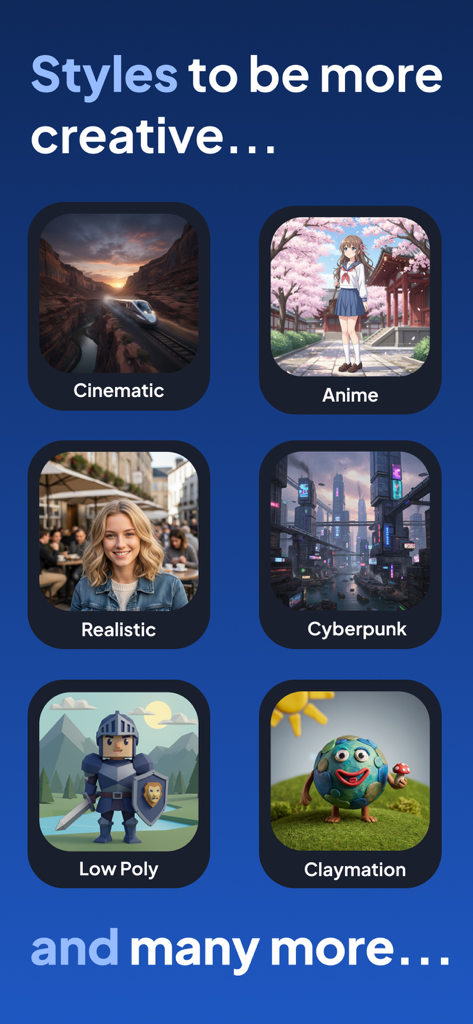 Kumo - AI Video Generator - Exibição de vários estilos de animação de vídeo IA, incluindo anime cinematográfico e cyberpunk no aplicativo Kumo.