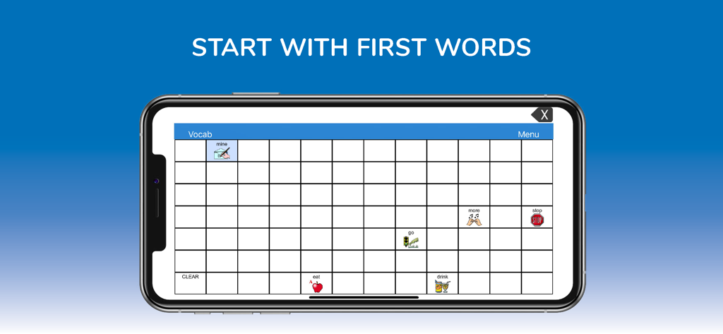 Screenshot der LAMP Words For Life AAC-App-Oberfläche mit einem vereinfachten Raster für die frühe Sprachentwicklung mit Kernwörtern wie mein, essen, gehen, mehr, trinken und stoppen.