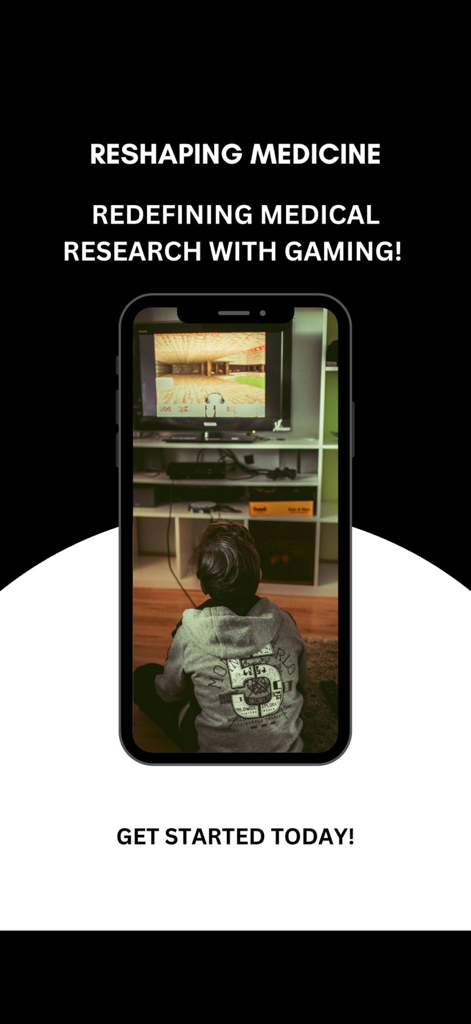 Z-Score™ - Ein Kind spielt ein Videospiel auf einem Fernsehbildschirm mit Text über die Neudefinition medizinischer Forschung durch Spiele