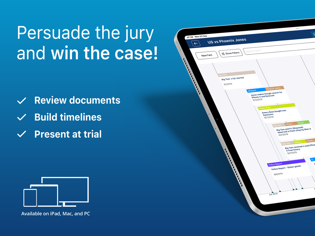 Case Crafter - Trial Presenter - Case Crafter trial presenter app on an iPad displaying a chronological legal timeline for persuasive courtroom presentations
