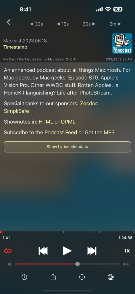 Interfaccia dell'app Downcast che mostra note dettagliate dell'episodio podcast e controlli di riproduzione