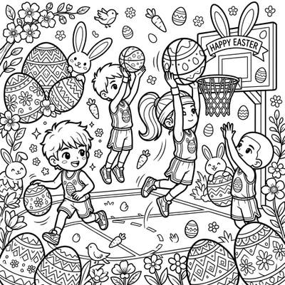 Get ready for an energetic Easter celebration with this exciting basketball-themed coloring page! Watch as players dribble and dunk amidst cheerful bunnies, decorated eggs, and blooming spring flowers.
