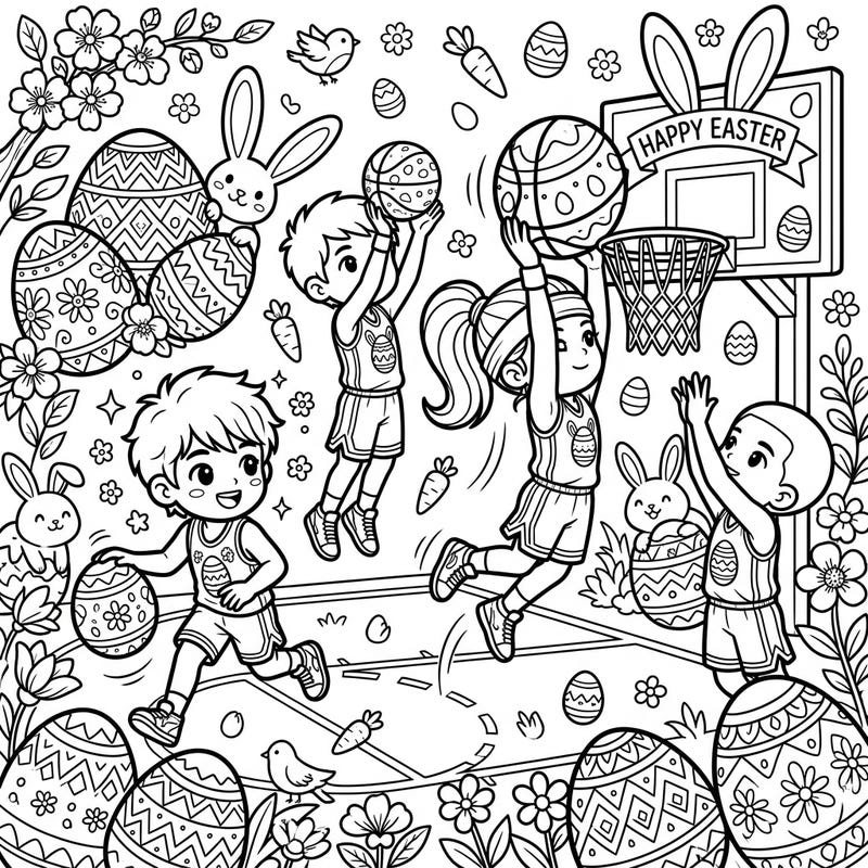 Get ready for an energetic Easter celebration with this exciting basketball-themed coloring page! Watch as players dribble and dunk amidst cheerful bunnies, decorated eggs, and blooming spring flowers.
