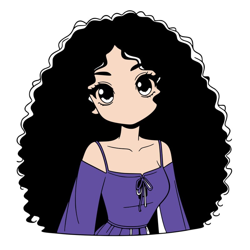 a black anime girl with long afro hair