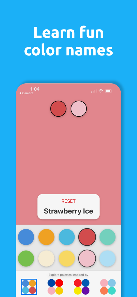 Color Mixer for Kids - Interfaz de una aplicación móvil de Color Mixer para Niños que muestra el resultado de mezclar colores para crear Helado de Fresa con texto educativo.