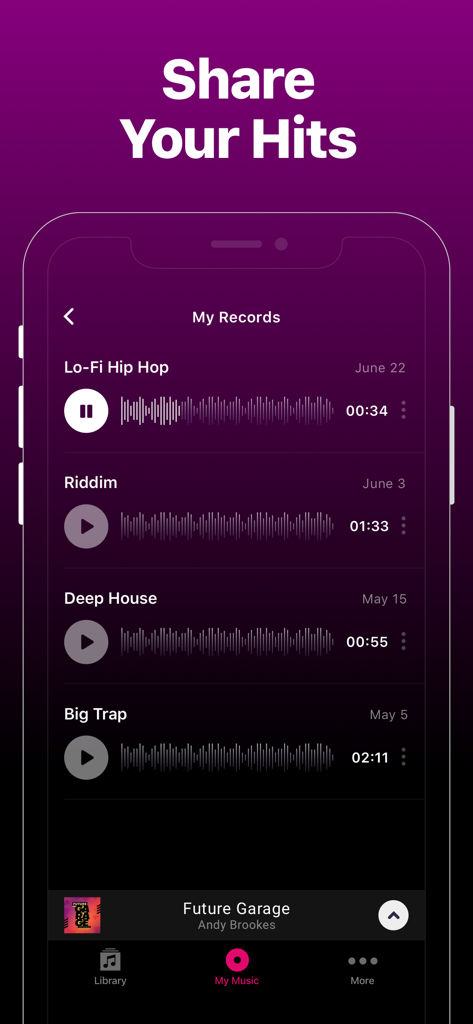A mobile app screen showing a list of recorded music tracks in Groovepad including Lo-Fi Hip Hop and Deep House genres.