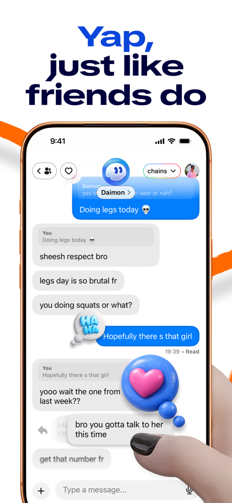 Daimon app chat screen showing a friendly AI conversation that feels like texting a friend