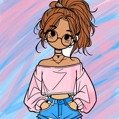 girl with a messy ponytail glasses a baggy crop top and jean shorts